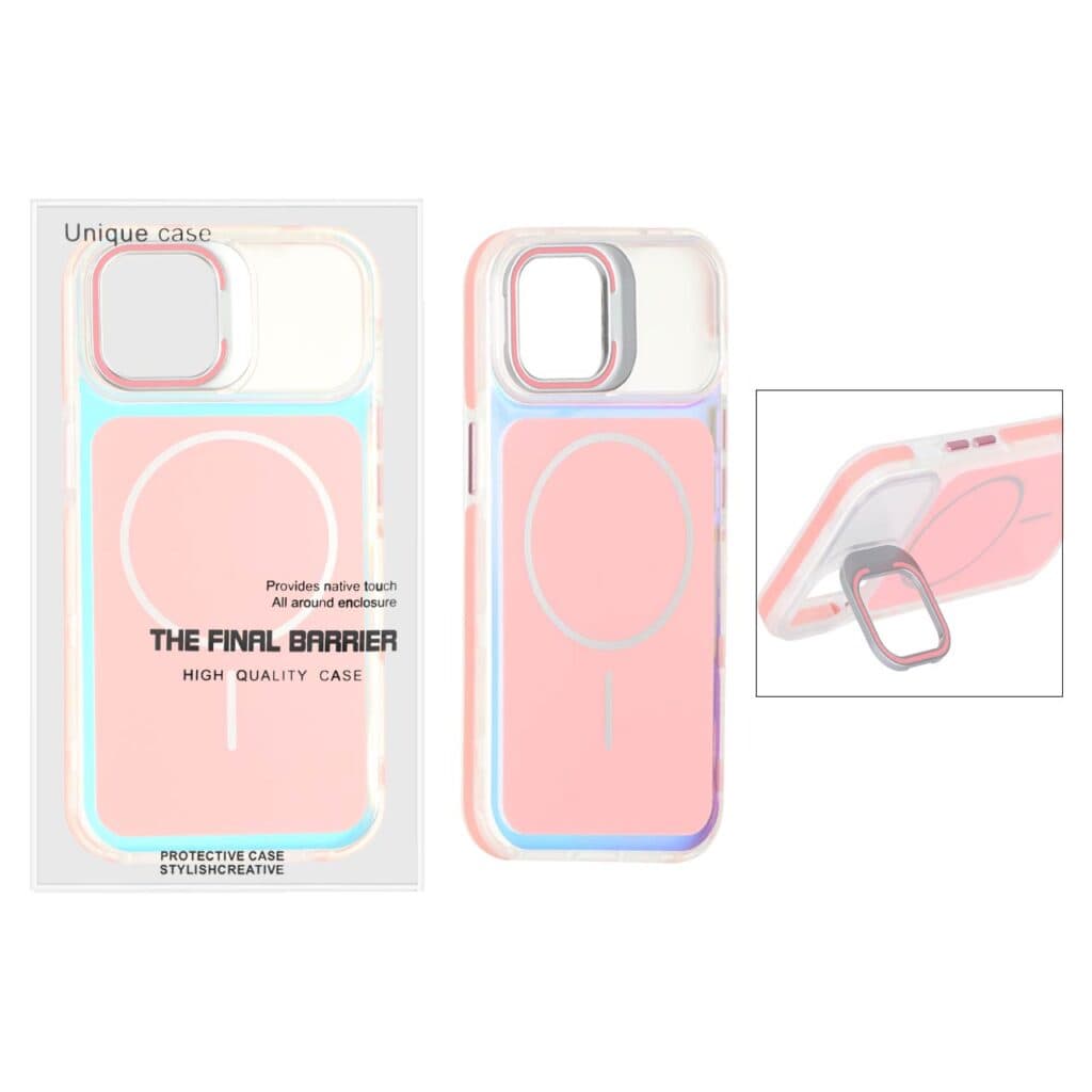 قاب اورجینال Unique Case هفت رنگ MagSafe دور رنگی لنز استندشو Apple iPhone 13 / iPhone 14 – صورتی (پک دار) — تصویر ۲