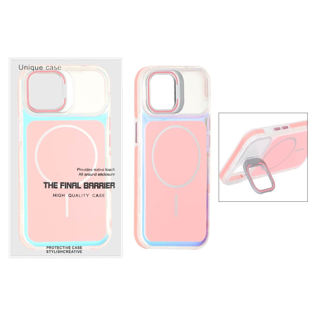 قاب اورجینال Unique Case هفت رنگ MagSafe دور رنگی لنز استندشو Apple iPhone 13 / iPhone 14 – صورتی (پک دار)