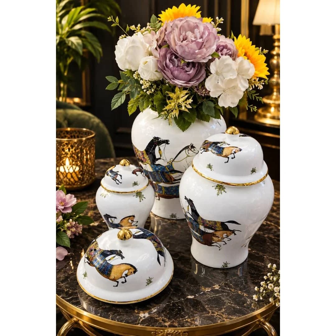 ست جینجر جار ۳ عددی سرامیکی لاستر طلا طرح هرمس رنگی (سه سایز لوکس دکوراتیو)