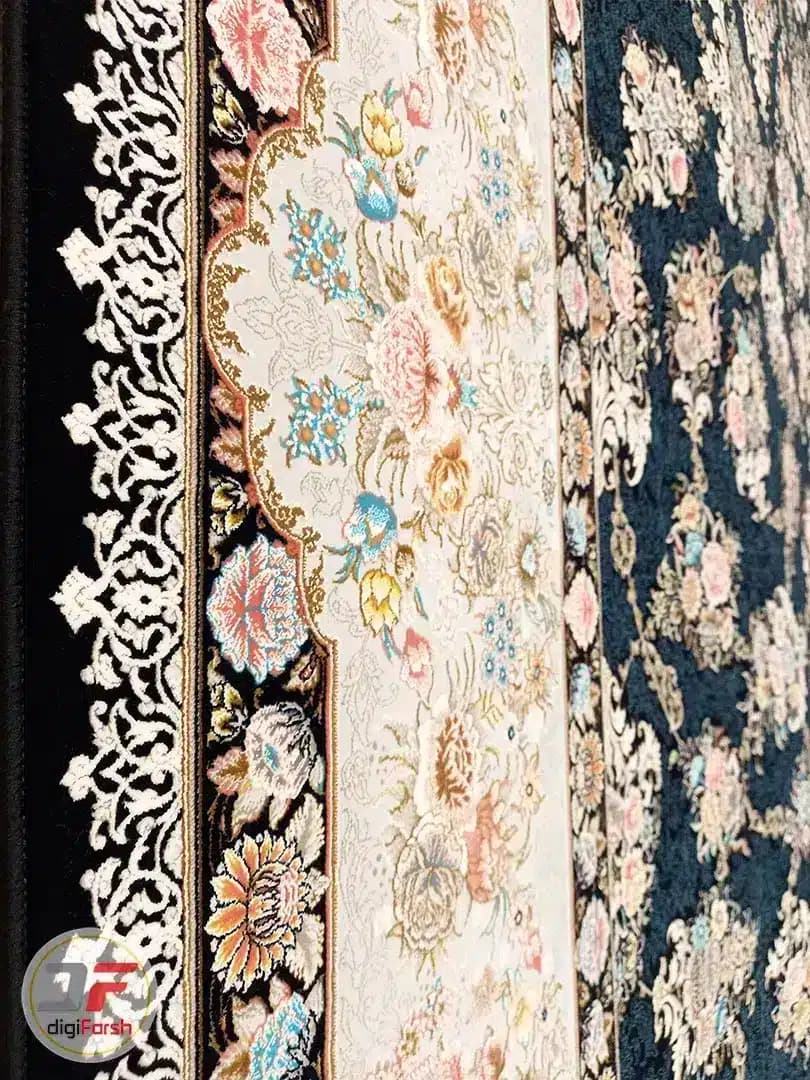 فرش ماشینی 1200 شانه کاشان طرح گل برجسته زمینه سرمه ای نقشه گیلدا — تصویر ۵