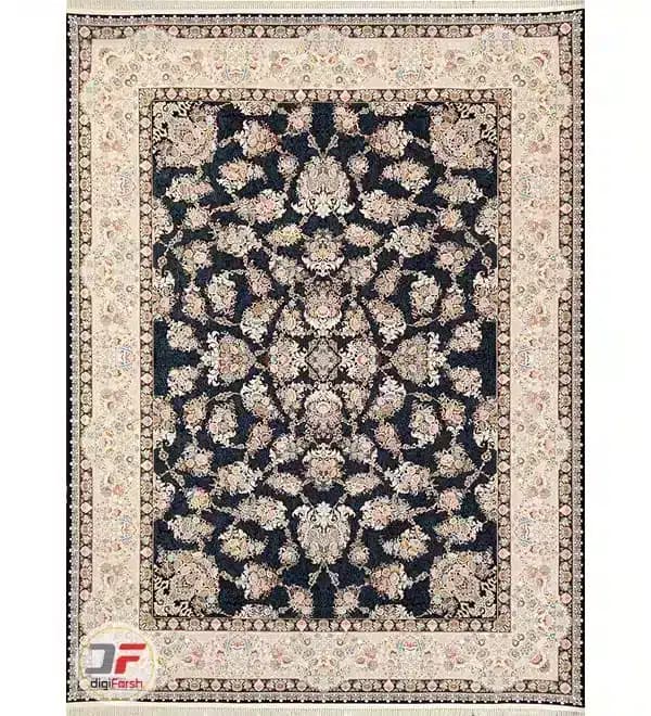 فرش ماشینی 1200 شانه کاشان طرح گل برجسته زمینه سرمه ای نقشه گیلدا