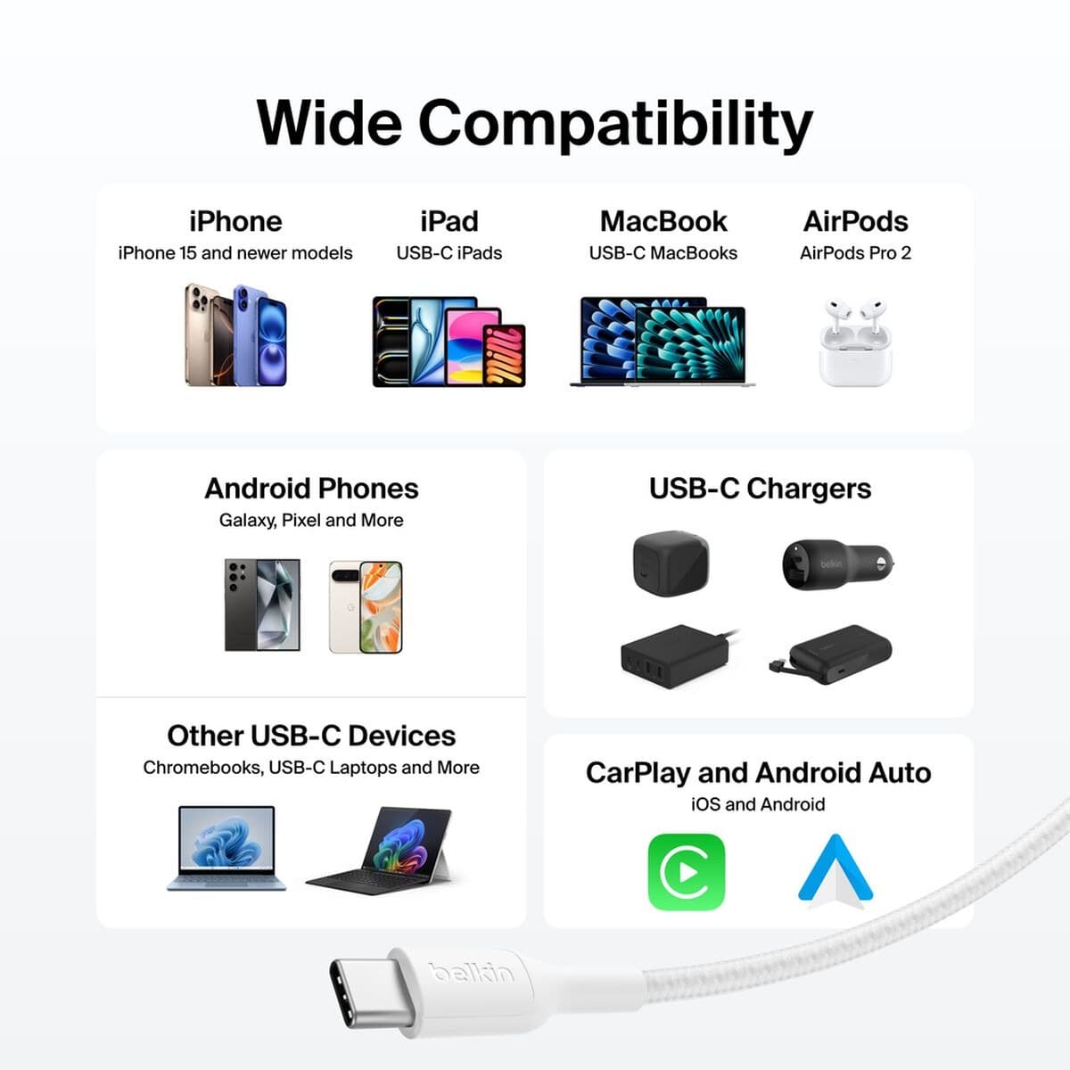 کابل 1 متری بلکین مدل Braided USB-C to USB-C Cable 60W CAB024fq1M — تصویر ۸