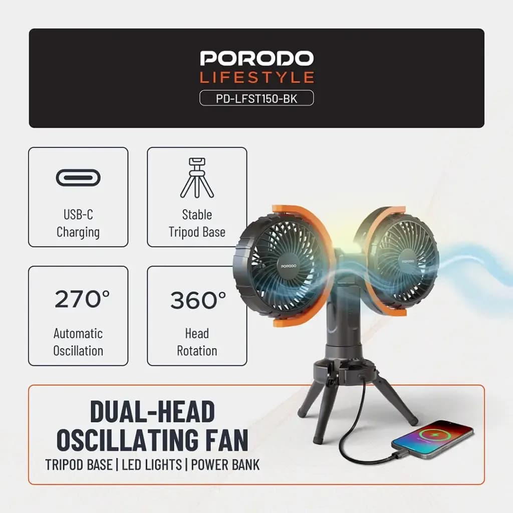 پنکه شارژی پورودو مدل Porodo Dual-Head Oscillating Fan LFST150 — تصویر ۸