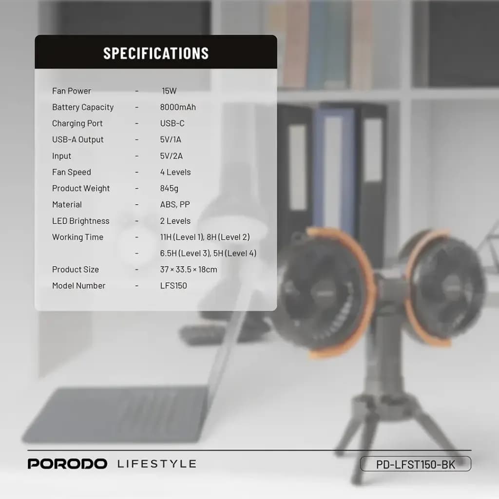 پنکه شارژی پورودو مدل Porodo Dual-Head Oscillating Fan LFST150 — تصویر ۵