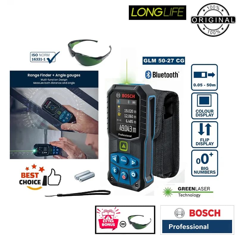 متر لیزری بوش مدل GLM 50-27 CG Professional Extra Green Glass برد 50 متر — تصویر ۸
