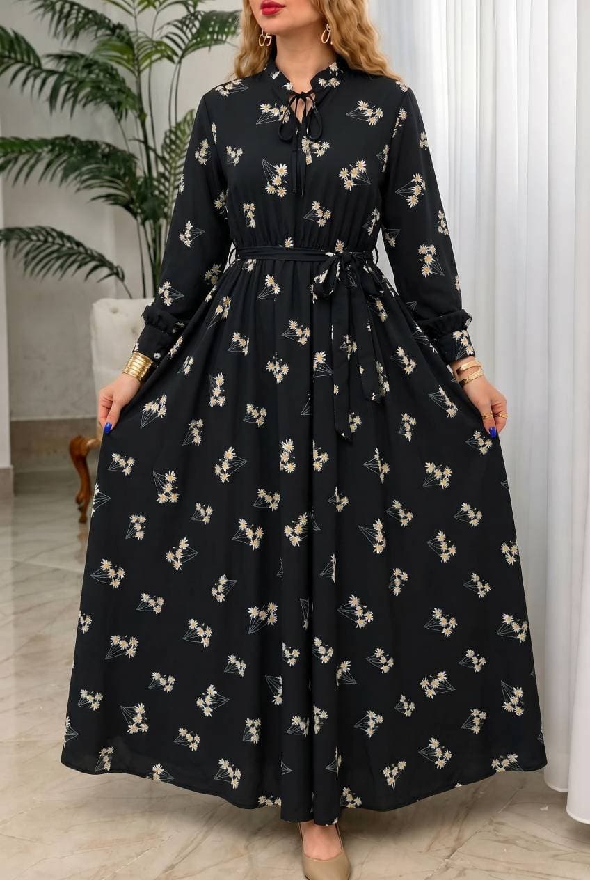 پیراهن زنانه بلند طرح دار فری سایز جنس بوگاتی رنگ مشکی sg16133 — تصویر ۲