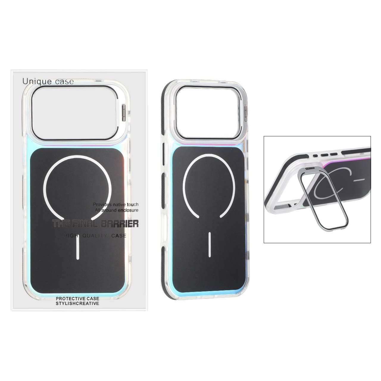 قاب اورجینال Unique Case هفت رنگ MagSafe دور رنگی لنز استندشو Apple iPhone 17 Pro Max / iPhone 18 Pro Max – مشکی (پک دار)