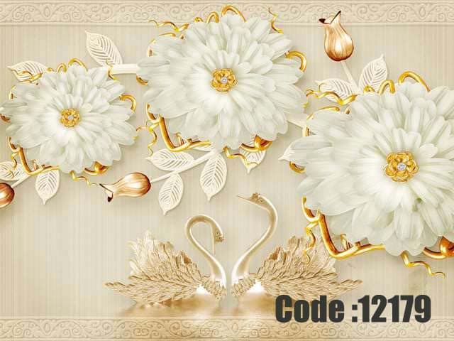 پوستر دیواری طرح گلهای داوودی طلایی و قوهای عاشق