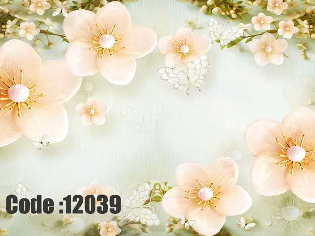پوستر دیواری سه‌بعدی طرح شکوفه‌های عاجی و پروانه‌های لطیف
