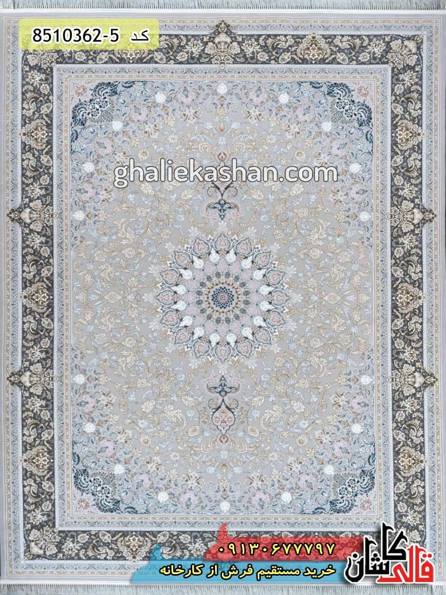 فرش طلاکوب 1200 شانه طرح اصفهان زمینه نقره ای کاشان – گل برجسته