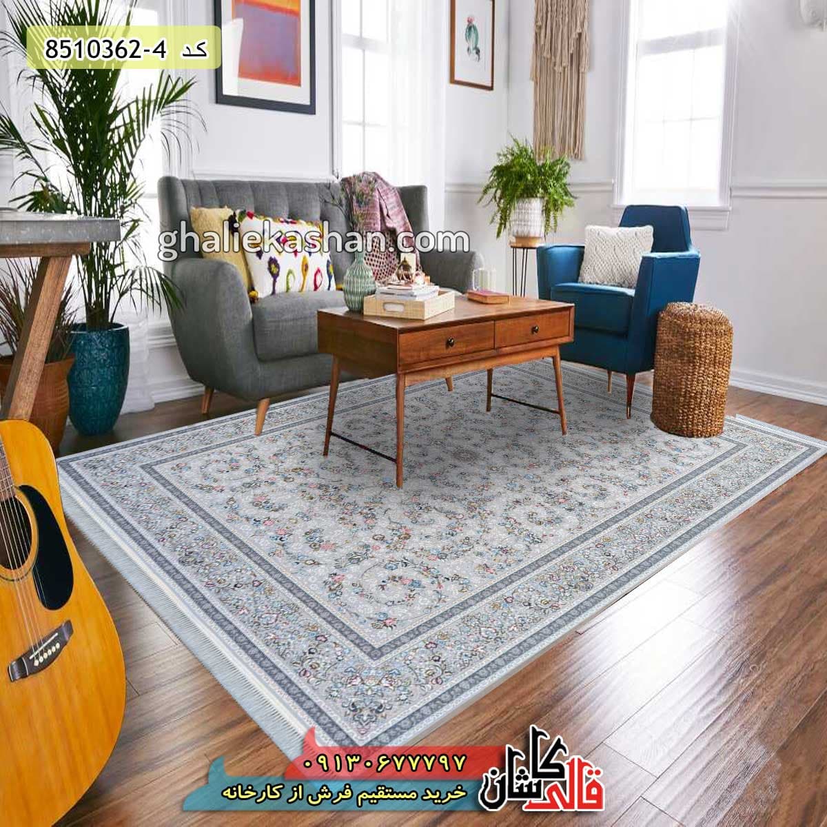 فرش 1200 شانه طرح گل افشان زمینه نقره ای کاشان – گل برجسته — تصویر ۲