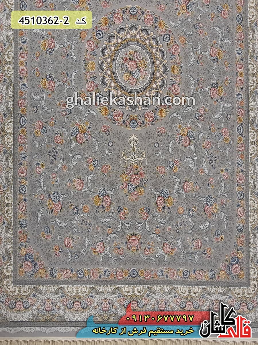 فرش 1200 شانه طرح گل افشان زمینه نقره ای کاشان – گل برجسته — تصویر ۵