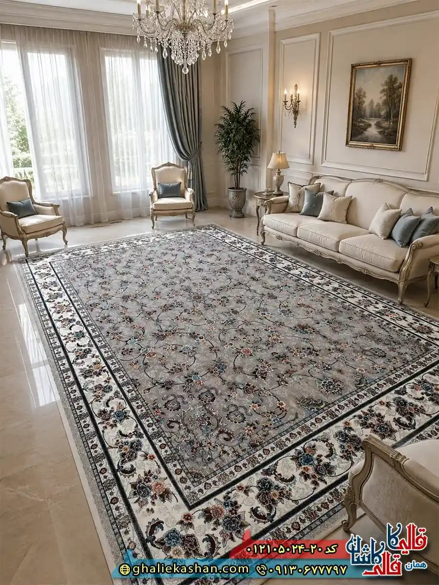 فرش طرح 700 شانه طرح افشان گیلدا زمینه فیلی کاشان — تصویر ۳