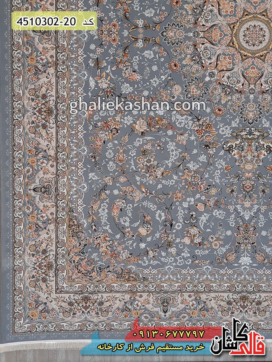 فرش 1000 شانه طرح باغ حریر زمینه آبی اطلسی کاشان – گل برجسته — تصویر ۳
