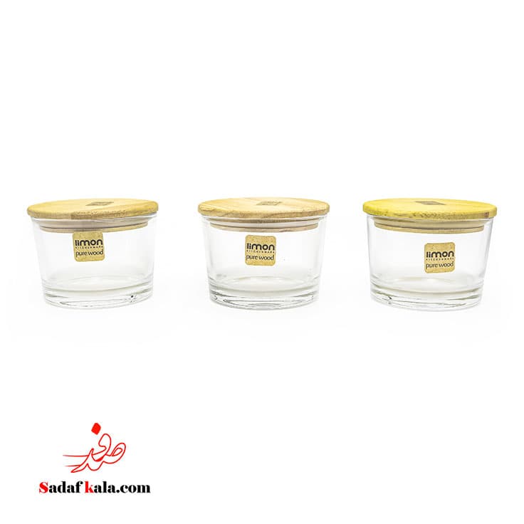 ظرف شیشه ای گرد 190 میلی لیتری کادویی درب چوبی لیمون(12)/221059 — تصویر ۲