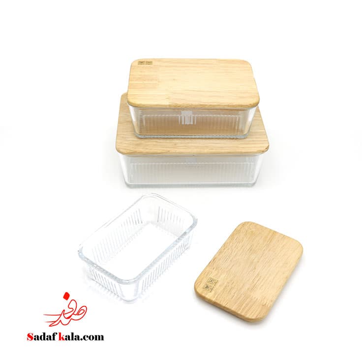 ست ظرف شیشه ای مستطیل شیاردار درب چوبی لیمون(4)/221159 — تصویر ۲