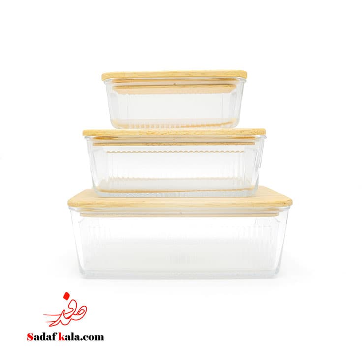 ست ظرف شیشه ای مستطیل شیاردار درب چوبی لیمون(4)/221159 — تصویر ۳