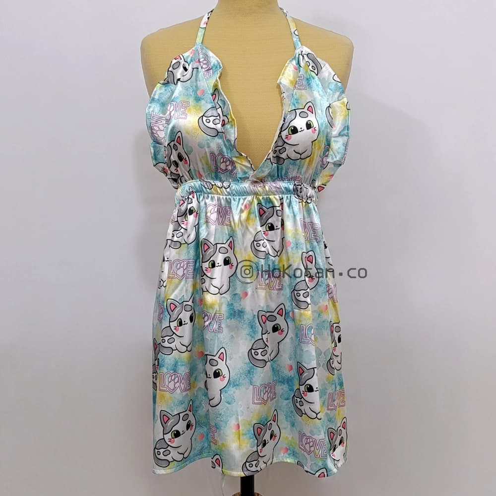لباس خواب ساتن کوتاه عروسکی طرح گربه کد 04