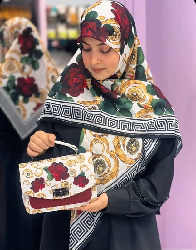 ست کیف و روسری زنانه طرح جدید رز ورساچه سفید کیفیت عالی کد mo819