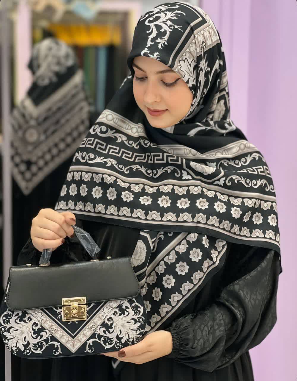 ست کیف و روسری زنانه طرح جدید سورنا مشکی طوسی کیفیت عالی کد mo816 — تصویر ۲