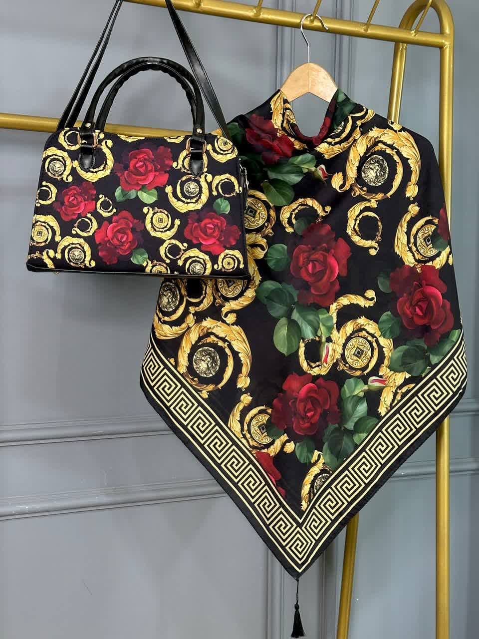 ست کیف و روسری زنانه طرح جدید رز ورساچه رنگ مشکی کیفیت عالی کد mo740