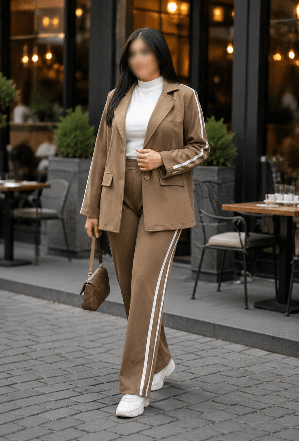 ست زنانه مانتو و شلوار کتان یقه انگلیسی نسکافه ای تیره 402878 A
