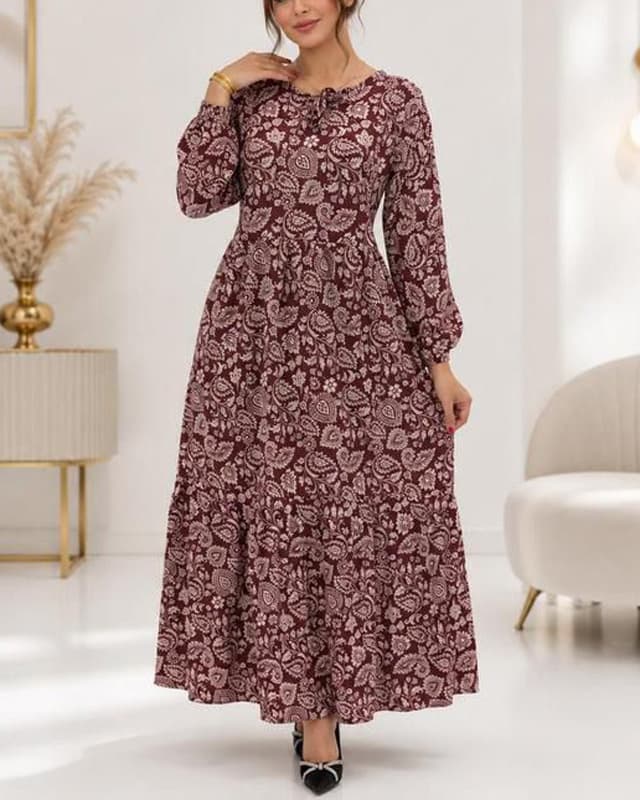 پیراهن زنانه بلند بوگاتی گلدار مدل پریا رنگ زرشکی 203875