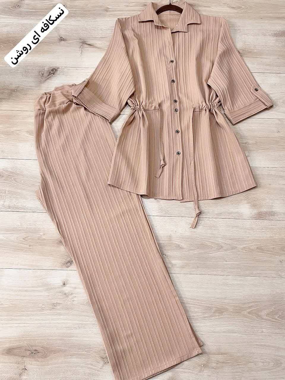 ست زنانه مانتو و شلوار نسکافه ای روشن راحتی و خنک 403434 A — تصویر ۲