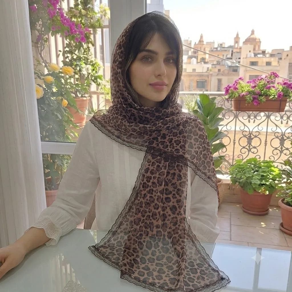 شال پلنگی قهوه ای توری نرم و لطیف حاشیه گیپور دوزی ابعاد 180 در 52 سانتی متر مناسب بهار و تابستان — تصویر ۴