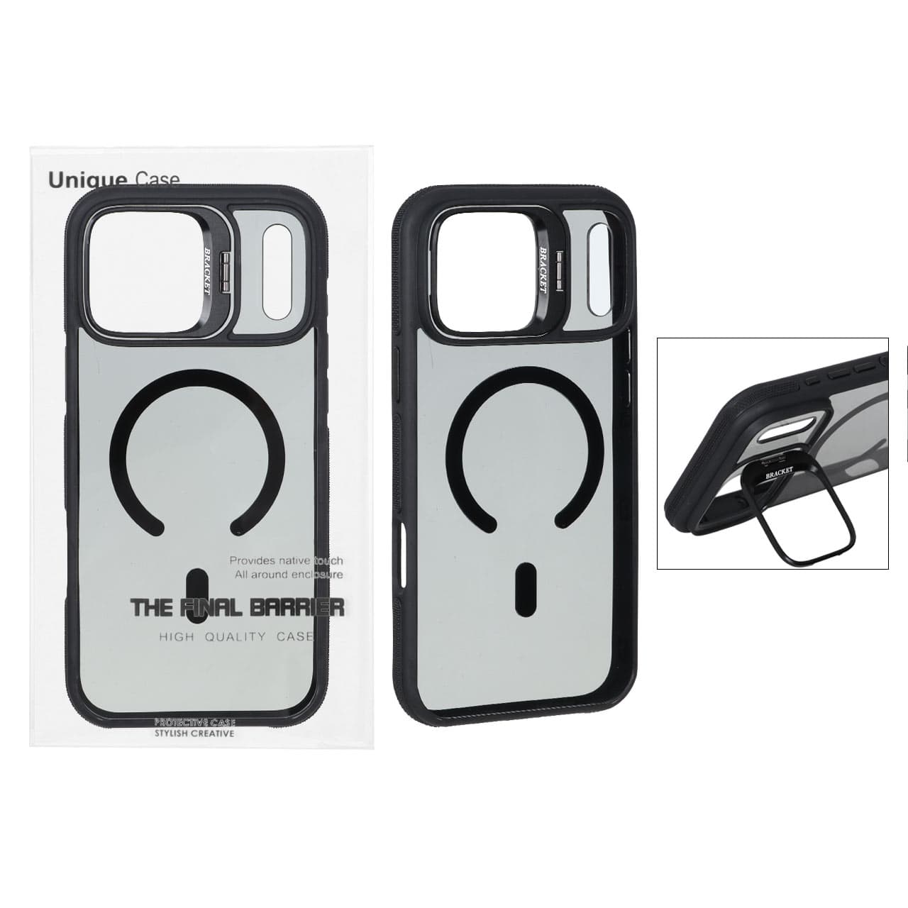 قاب اورجینال Bracket Unique Case مات Magsafe لنز آلومینیومی استندشو Apple iPhone 17 Pro Max – مشکی (پک دار)