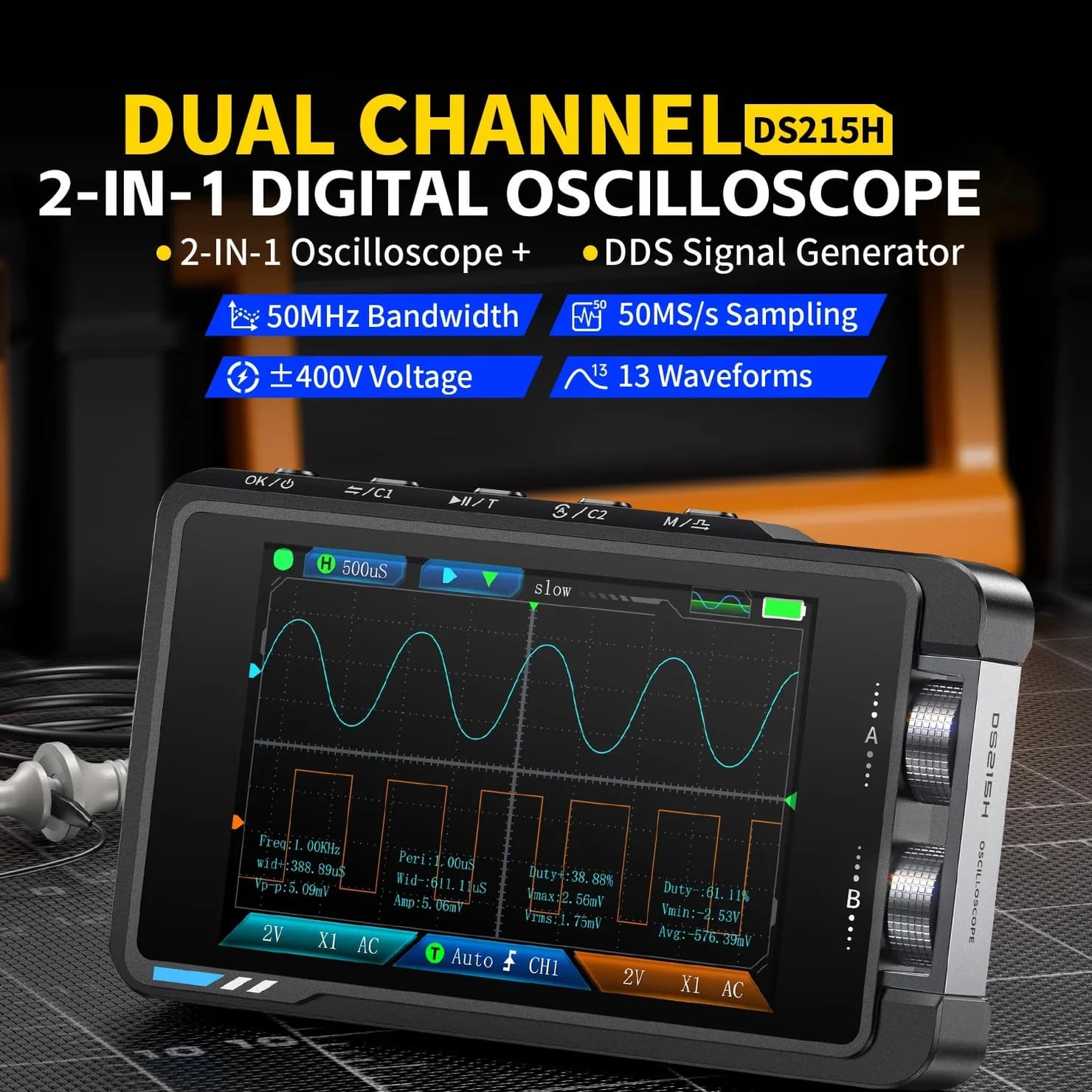اسیلوسکوپ دستی دو کانال و فانکشن ژنراتور فینرسی مدل FNIRSI DS215H — تصویر ۲