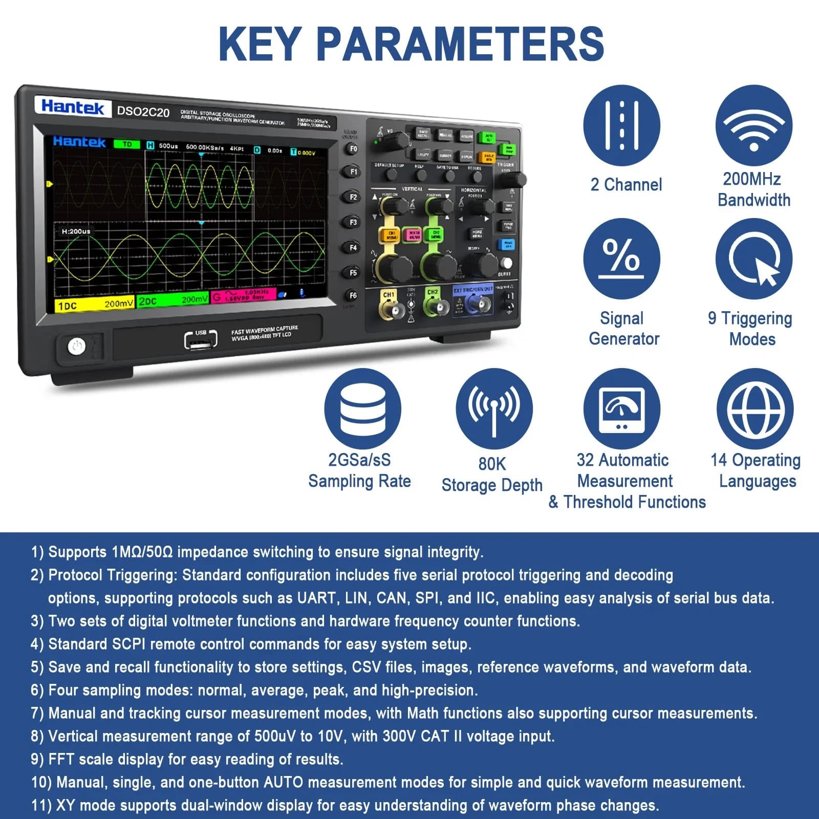 اسیلوسکوپ دیجیتالی رومیزی هانتک مدل HANTEK DSO-2C20 — تصویر ۲