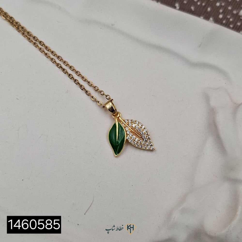 گردنبند مینیمال نگین دار طلایی (2برگ سبزواتمی) — تصویر ۲