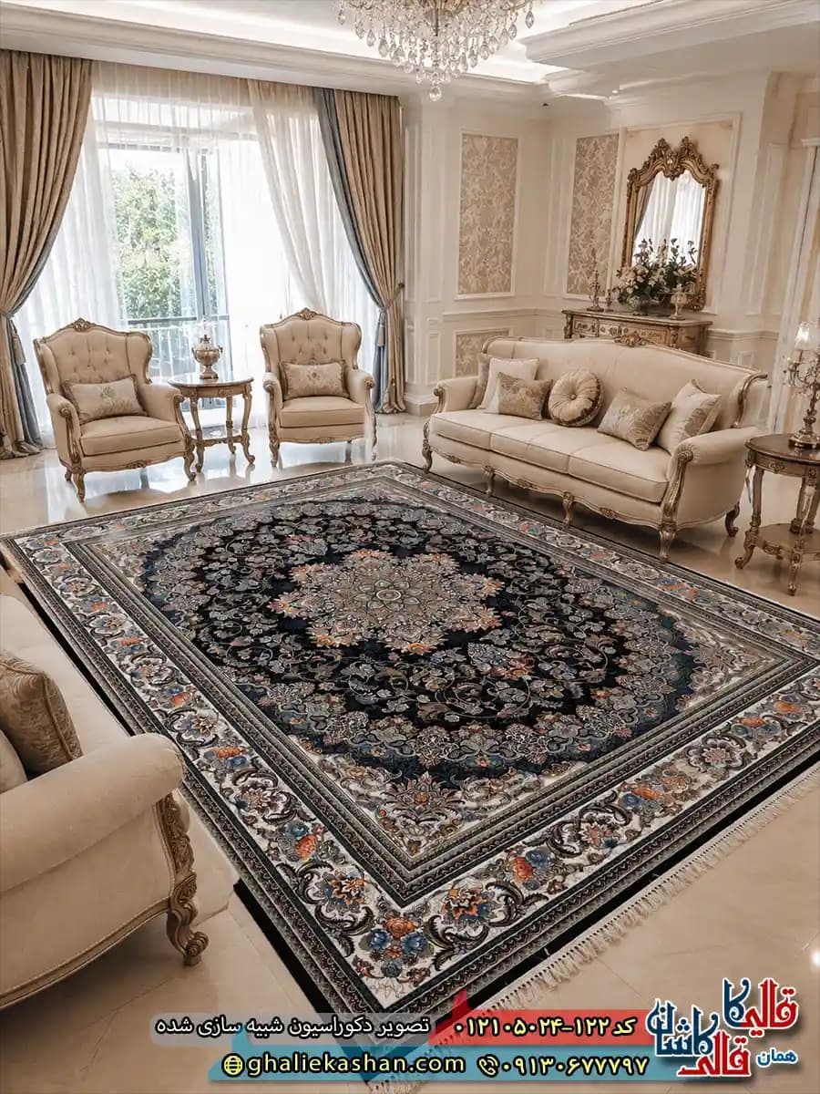 فرش طرح 700 شانه ( 500 شانه ) طرح میخک زمینه سرمه ای کاشان
