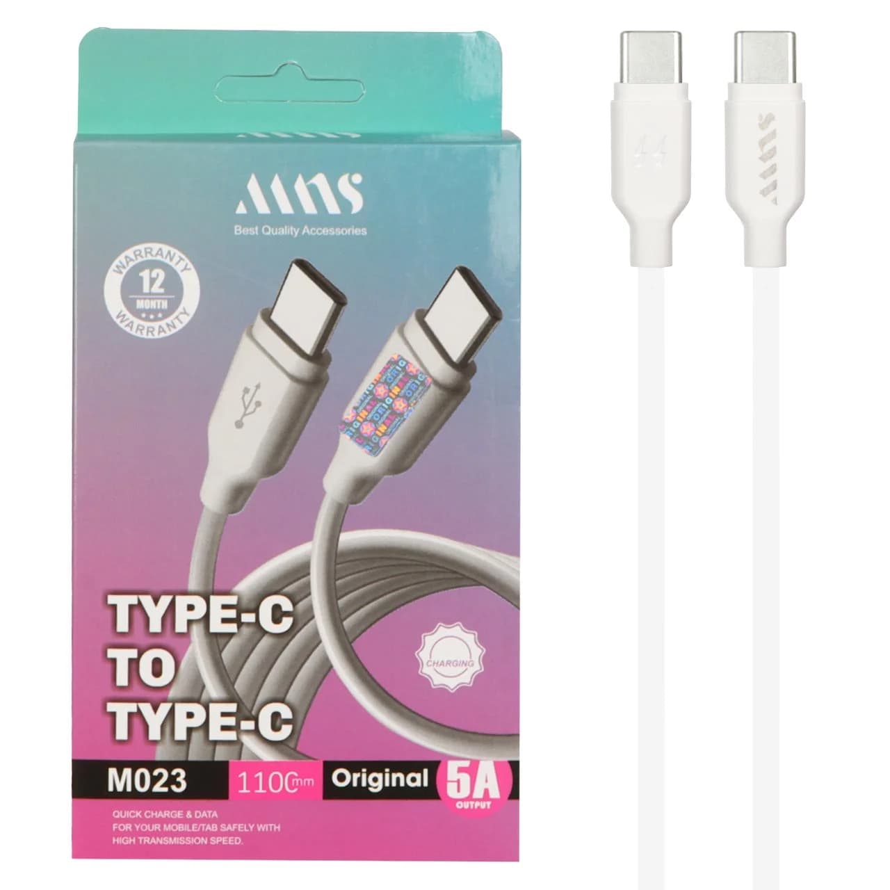 کابل شارژ فست 1.1 متری MNS Type-C To Type-C مدل M023 – سفید – SMO