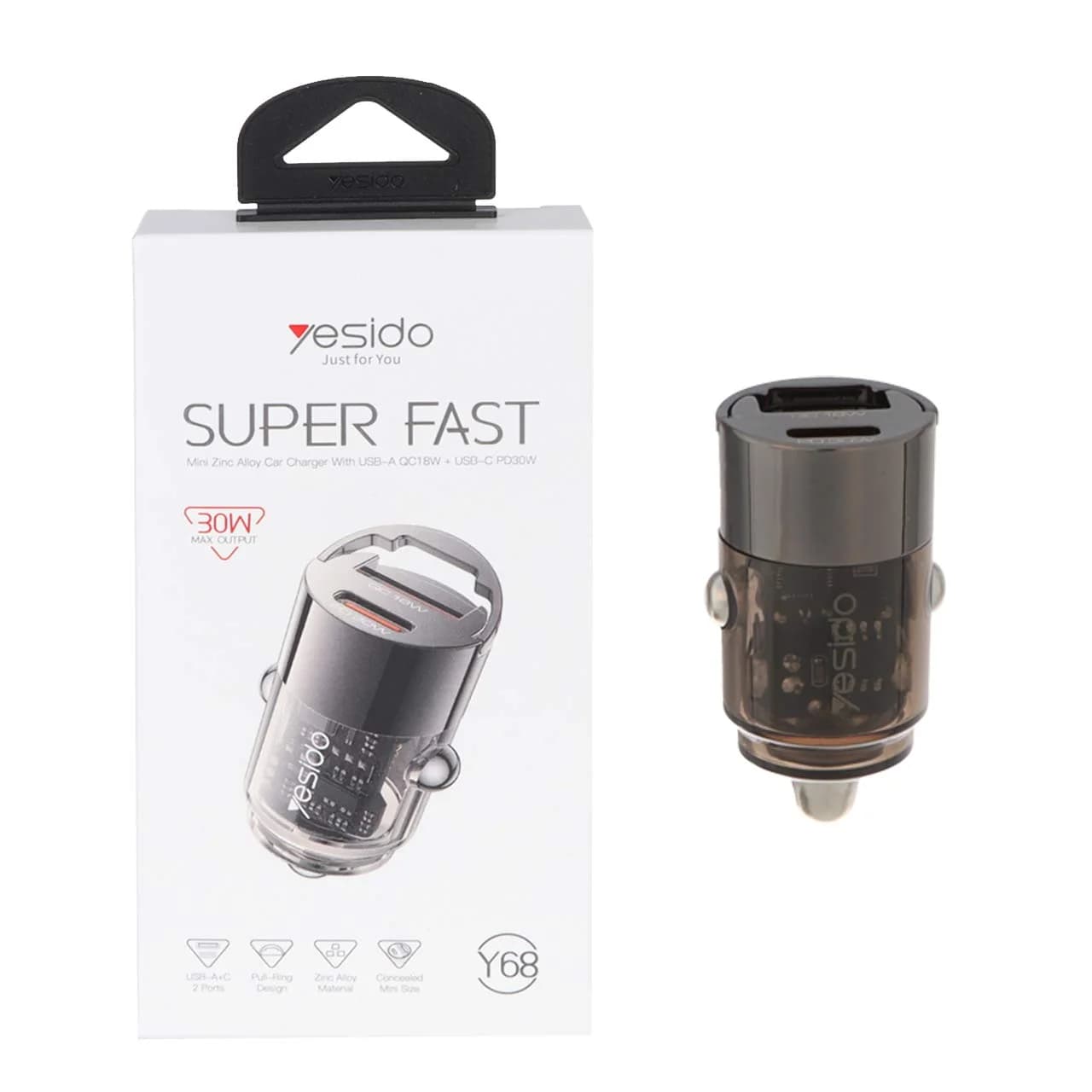 شارژر فندکی PD و فست دو پورت Yesido مدل Y68 30W – مشکی (گارانتی 18 ماه تعویض نیکان همراه)