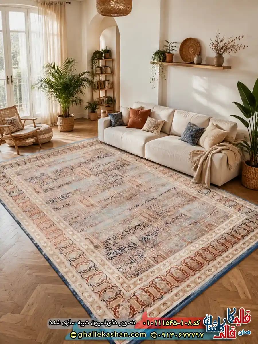 فرش ‌وینتیج ‌1500 ‌شانه ‌طرح ‌افشان ‌ونداد ‌رنگ ‌آبی بژ گل ‌برجسته ‌کاشان ‌