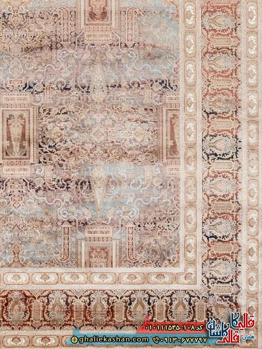 فرش وینتیج 1500 شانه طرح افشان ونداد رنگ آبی بژ گل برجسته کاشان — تصویر ۳