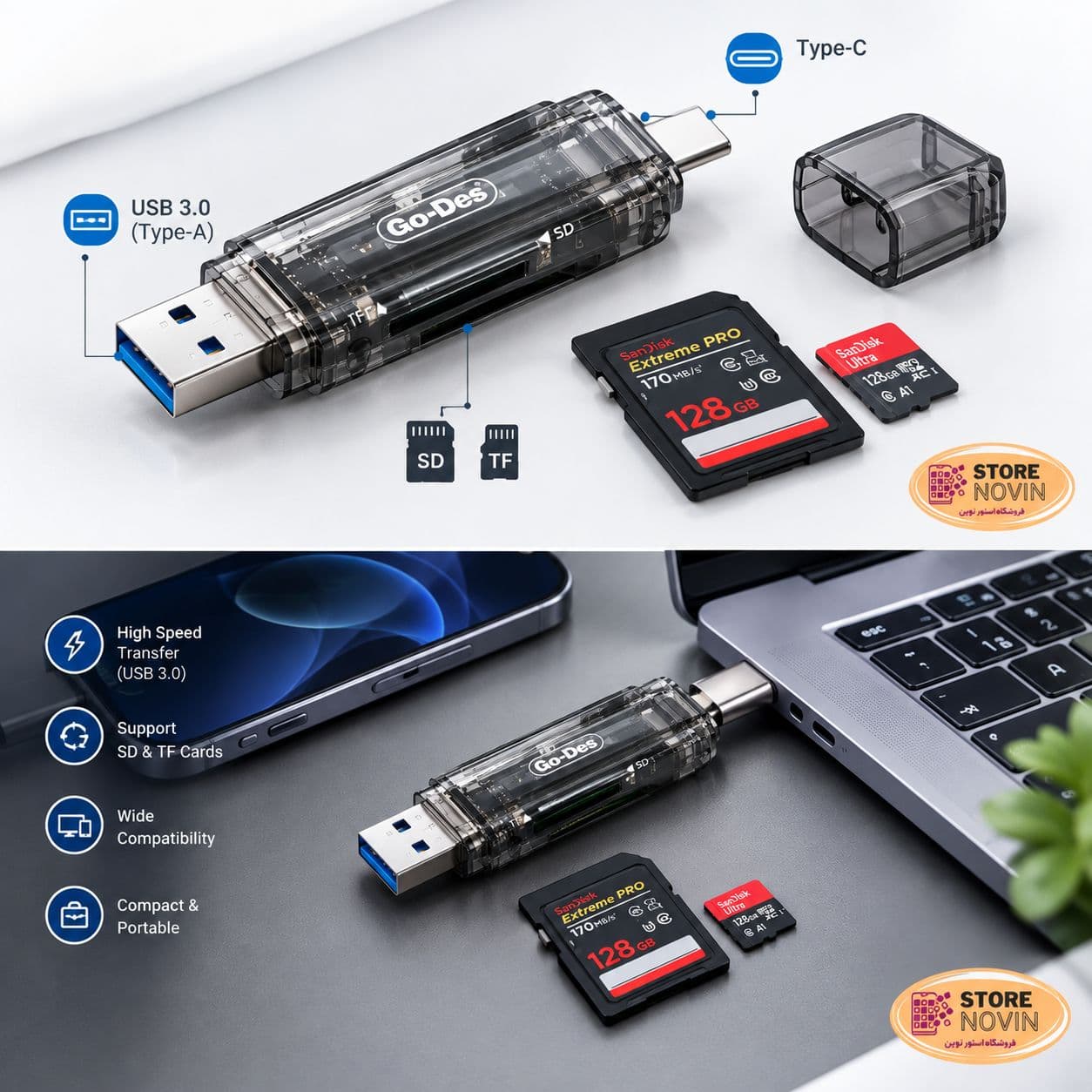 کارتخوان ۴ کاره گو-دس مدل Go-Des GD-DK006 | رم ریدر USB 3.0 و Type-C — تصویر ۲