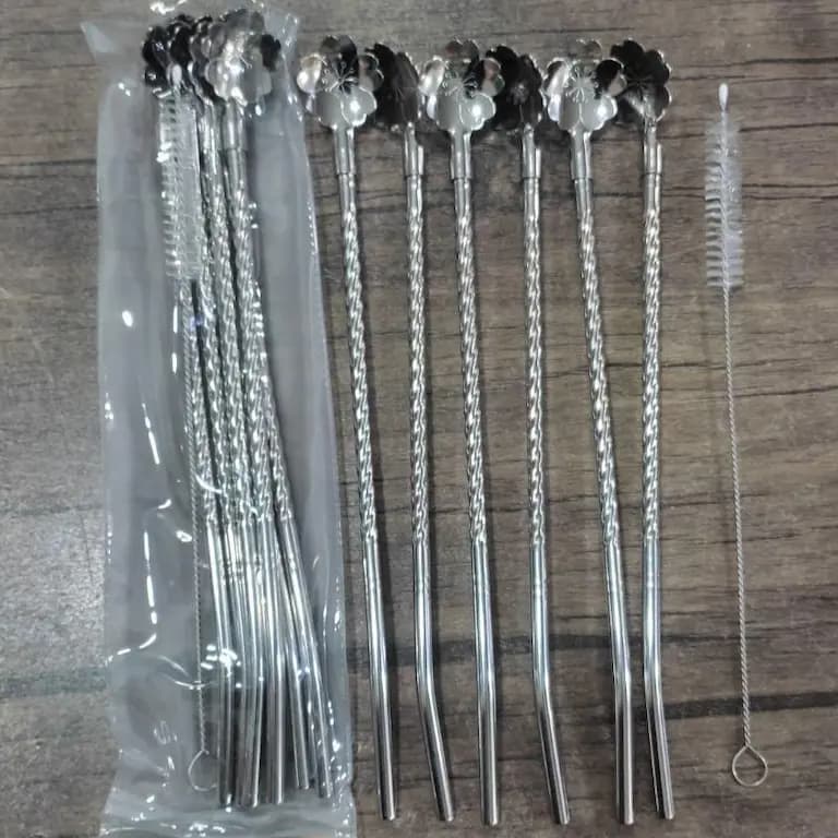نی شربت خوری قاشق دار استیل طرح گل یونیک 6 عددی — تصویر ۶