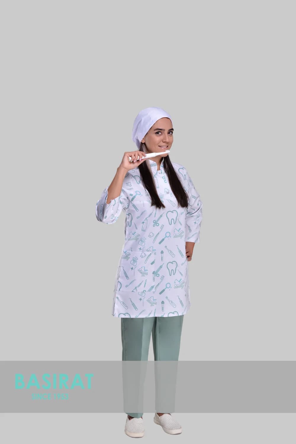 اسکراب پزشکی یقه دار طرح دندان سفید زنانه دکمه پرسی (تک)