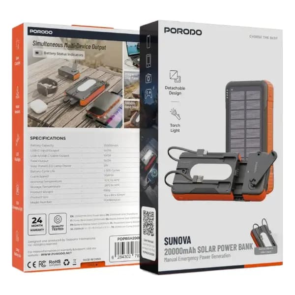 پاوربانک خورشیدی 20000 هزار با قابلیت تولید برق دستی پرودو مدل Porodo Sunova PDPBSH200BK — تصویر ۵