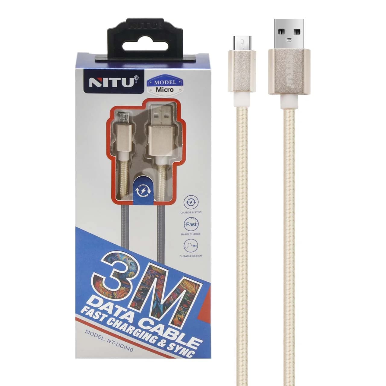 کابل شارژ 3 متری فست اندروید NITU مدل UC040 – طلایی (گارانتی 18 ماه تعویض نیکان همراه)