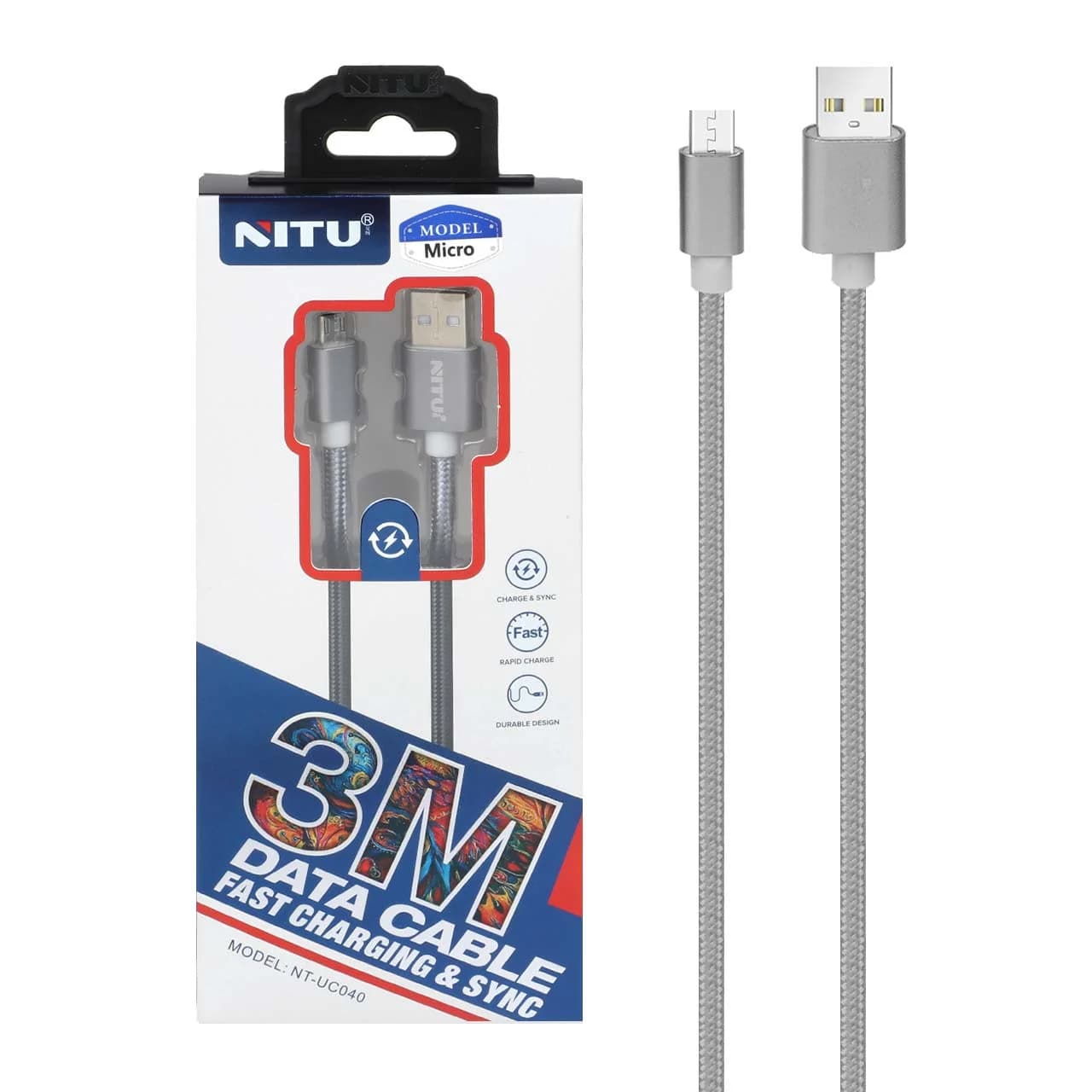 کابل شارژ 3 متری فست اندروید NITU مدل UC040 – نقره ای (گارانتی 18 ماه تعویض نیکان همراه)