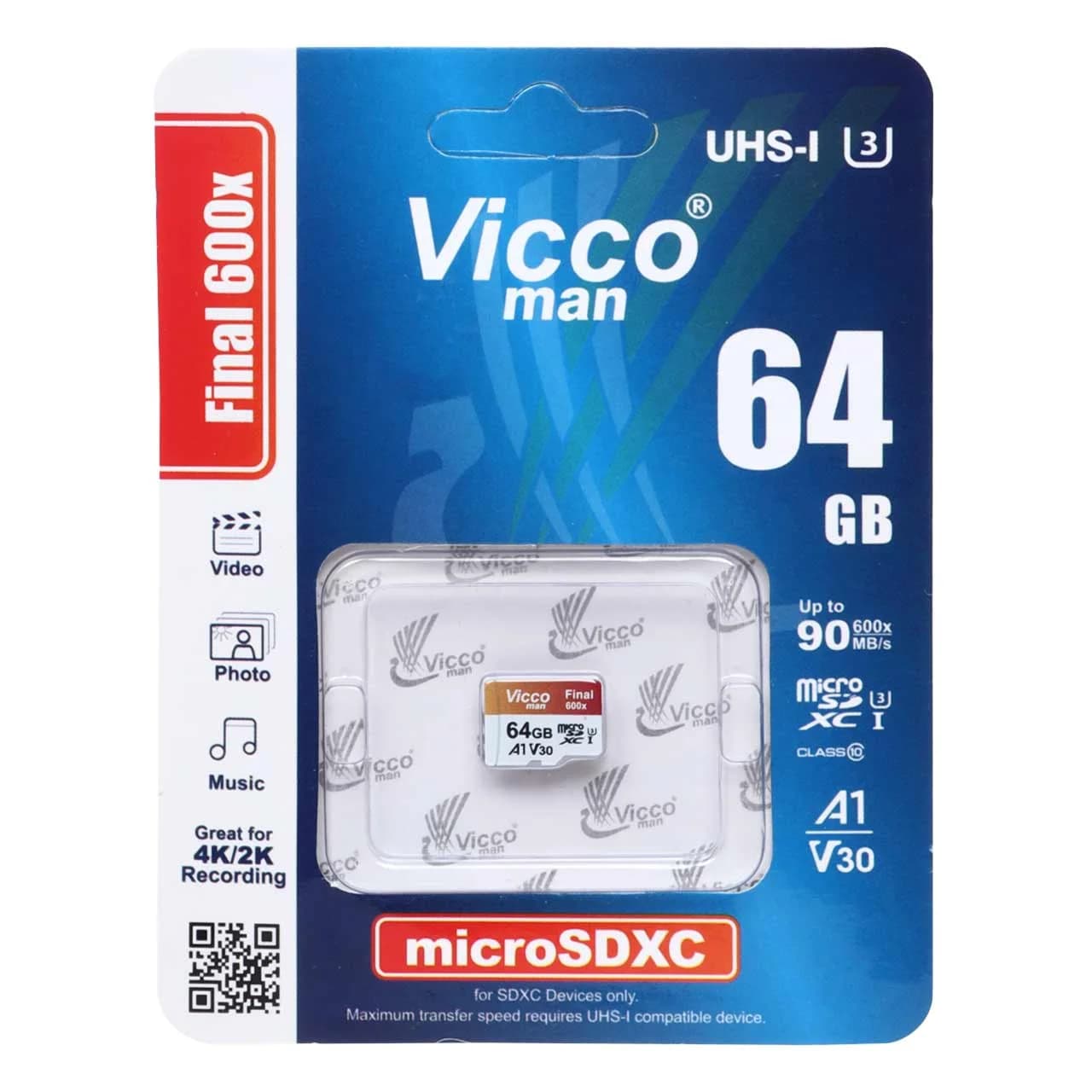Vicco man Final 600X microSDXC UHS-I U3 Class10-90MB/s – 64GB (گارانتی مادام‌العمر رایانه نوین سگال)