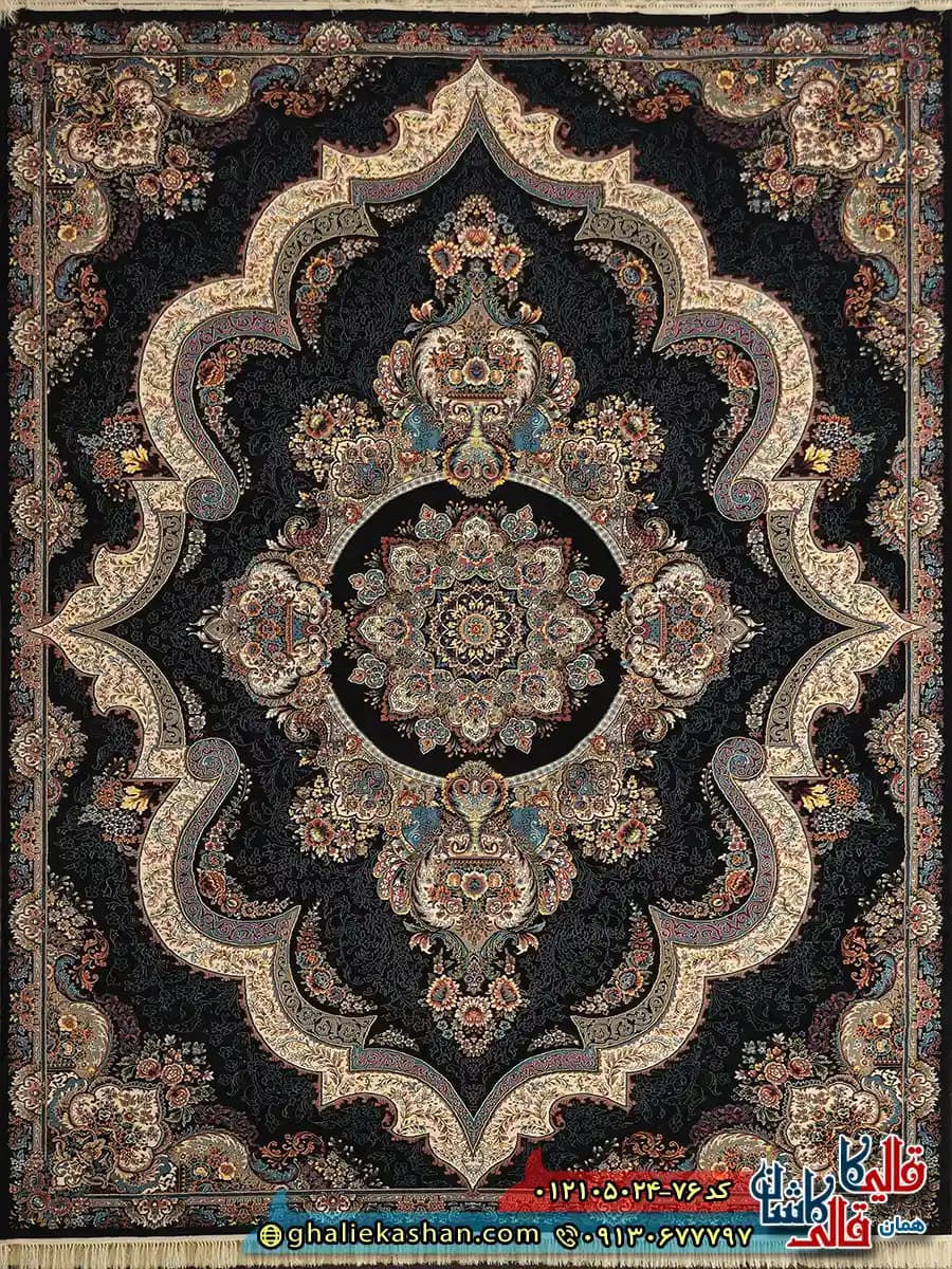 فرش طرح 700 شانه ( 500 شانه ) طرح شهیاد زمینه سرمه ای کاشان — تصویر ۲