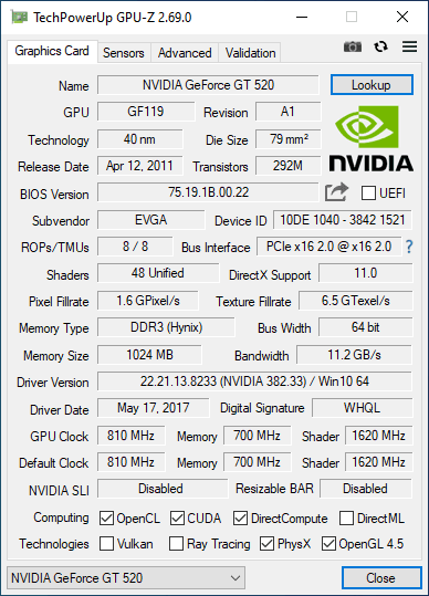 کارت گرافیک انویدیا اوگا GT 520 ظرفیت 1GB استوک DDR3 — تصویر ۲