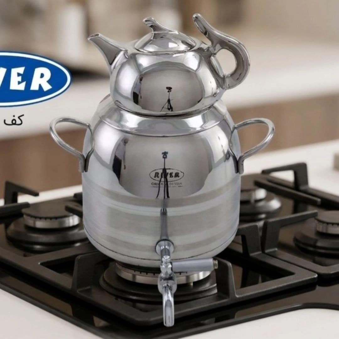 کتری و قوری استیل 6 لیتر ریور RIVER مدل شیر دار براق 3 خط مات کد 2181