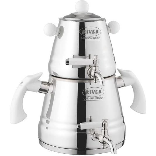 کتری و قوری شیر دار استیل 3 لیتر ریور RIVER مدل هرمی دسته باکالیت سفید کد 2178