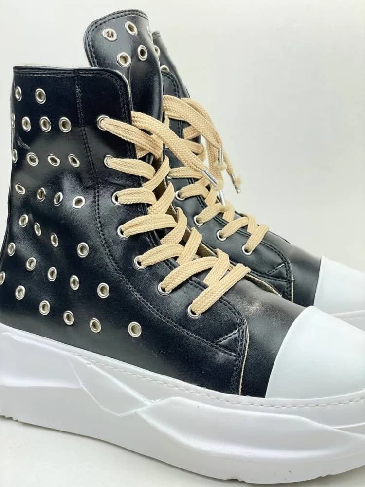 بوت ریک اونز RICK OWENS کد 3006 چرم مشکی سفید تمام یراق — تصویر ۵